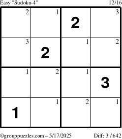 The grouppuzzles.com Easy Sudoku-4 puzzle for Saturday May 17, 2025 with the first 3 steps marked