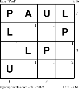 The grouppuzzles.com Easy Paul puzzle for Saturday May 17, 2025, suitable for printing, with all 2 steps marked