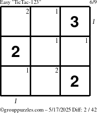 The grouppuzzles.com Easy TicTac-123 puzzle for Saturday May 17, 2025 with all 2 steps marked