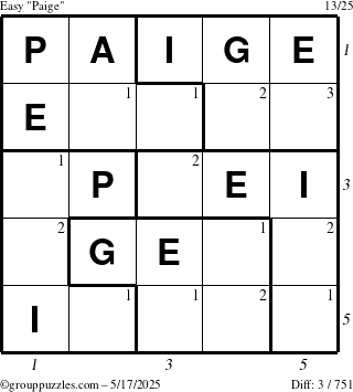 The grouppuzzles.com Easy Paige puzzle for Saturday May 17, 2025 with all 3 steps marked