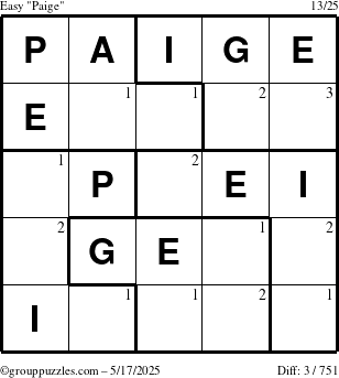 The grouppuzzles.com Easy Paige puzzle for Saturday May 17, 2025 with the first 3 steps marked