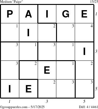 The grouppuzzles.com Medium Paige puzzle for Saturday May 17, 2025 with all 4 steps marked