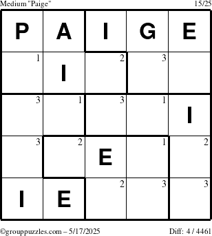 The grouppuzzles.com Medium Paige puzzle for Saturday May 17, 2025 with the first 3 steps marked
