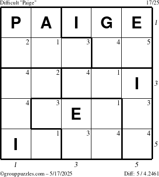 The grouppuzzles.com Difficult Paige puzzle for Saturday May 17, 2025 with all 5 steps marked