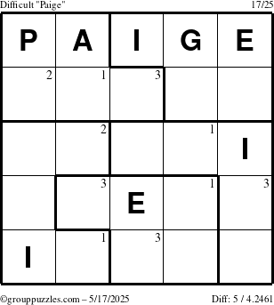 The grouppuzzles.com Difficult Paige puzzle for Saturday May 17, 2025 with the first 3 steps marked