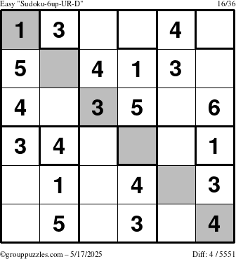 The grouppuzzles.com Easy Sudoku-6up-UR-D puzzle for Saturday May 17, 2025