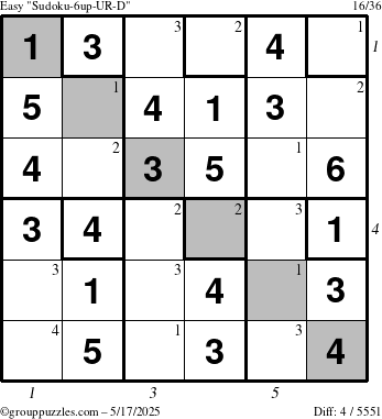 The grouppuzzles.com Easy Sudoku-6up-UR-D puzzle for Saturday May 17, 2025 with all 4 steps marked