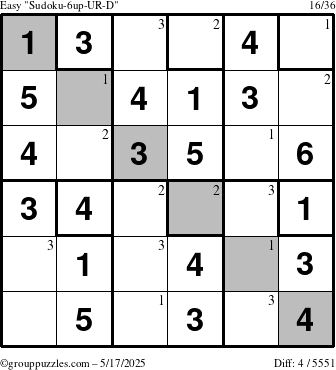 The grouppuzzles.com Easy Sudoku-6up-UR-D puzzle for Saturday May 17, 2025 with the first 3 steps marked