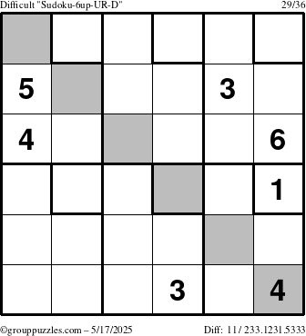 The grouppuzzles.com Difficult Sudoku-6up-UR-D puzzle for Saturday May 17, 2025