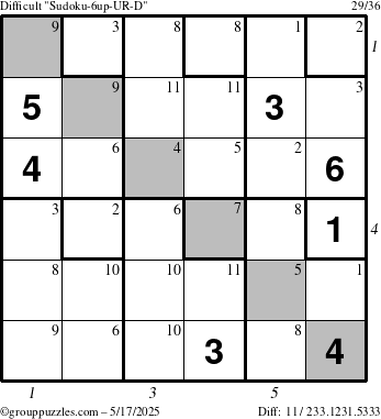 The grouppuzzles.com Difficult Sudoku-6up-UR-D puzzle for Saturday May 17, 2025 with all 11 steps marked