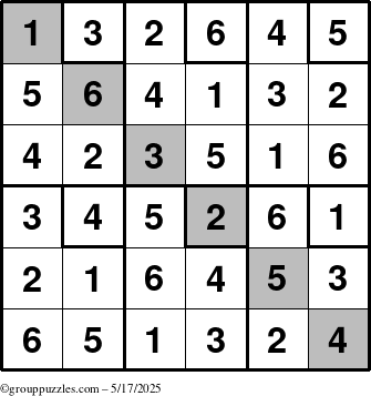 The grouppuzzles.com Answer grid for the Sudoku-6up-UR-D puzzle for Saturday May 17, 2025