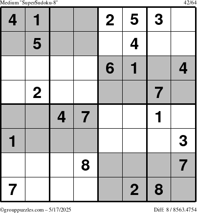 The grouppuzzles.com Medium SuperSudoku-8 puzzle for Saturday May 17, 2025