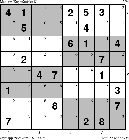 The grouppuzzles.com Medium SuperSudoku-8 puzzle for Saturday May 17, 2025 with all 8 steps marked