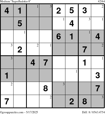 The grouppuzzles.com Medium SuperSudoku-8 puzzle for Saturday May 17, 2025 with the first 3 steps marked