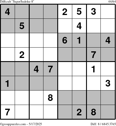The grouppuzzles.com Difficult SuperSudoku-8 puzzle for Saturday May 17, 2025
