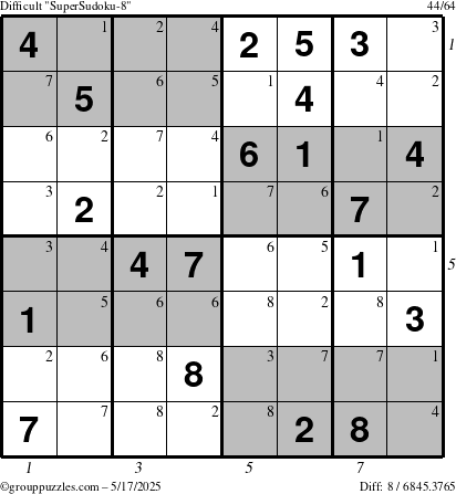 The grouppuzzles.com Difficult SuperSudoku-8 puzzle for Saturday May 17, 2025, suitable for printing, with all 8 steps marked