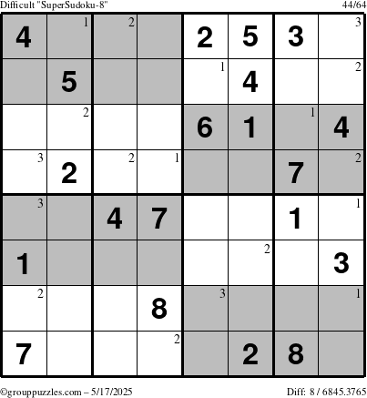 The grouppuzzles.com Difficult SuperSudoku-8 puzzle for Saturday May 17, 2025 with the first 3 steps marked