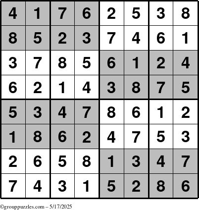 The grouppuzzles.com Answer grid for the SuperSudoku-8 puzzle for Saturday May 17, 2025