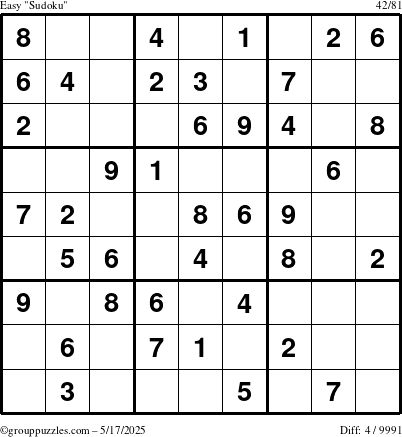 The grouppuzzles.com Easy Sudoku puzzle for Saturday May 17, 2025