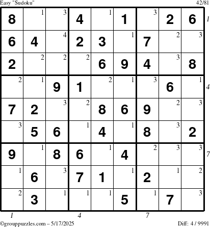 The grouppuzzles.com Easy Sudoku puzzle for Saturday May 17, 2025 with all 4 steps marked