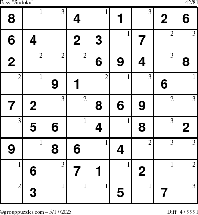 The grouppuzzles.com Easy Sudoku puzzle for Saturday May 17, 2025 with the first 3 steps marked