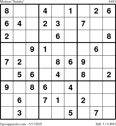 The grouppuzzles.com Medium Sudoku puzzle for Saturday May 17, 2025