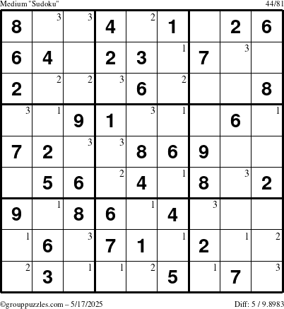 The grouppuzzles.com Medium Sudoku puzzle for Saturday May 17, 2025 with the first 3 steps marked