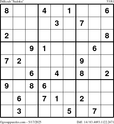 The grouppuzzles.com Difficult Sudoku puzzle for Saturday May 17, 2025