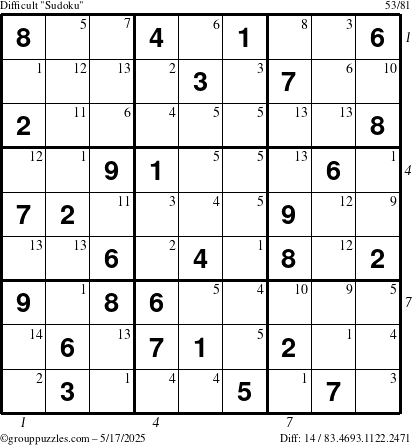 The grouppuzzles.com Difficult Sudoku puzzle for Saturday May 17, 2025 with all 14 steps marked