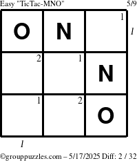 The grouppuzzles.com Easy TicTac-MNO puzzle for Saturday May 17, 2025 with all 2 steps marked