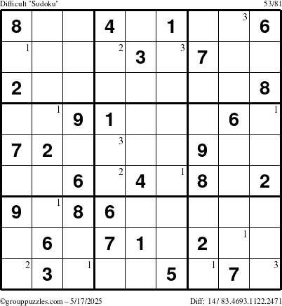 The grouppuzzles.com Difficult Sudoku puzzle for Saturday May 17, 2025 with the first 3 steps marked
