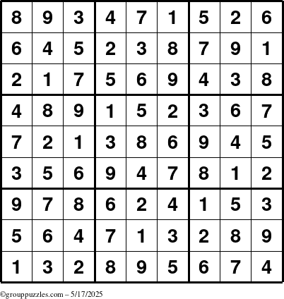 The grouppuzzles.com Answer grid for the Sudoku puzzle for Saturday May 17, 2025