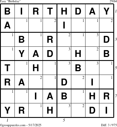 The grouppuzzles.com Easy Birthday puzzle for Saturday May 17, 2025 with all 3 steps marked