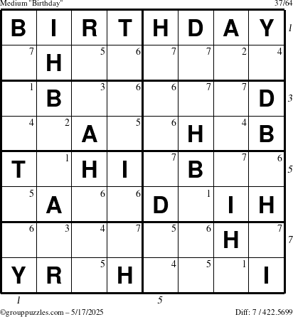 The grouppuzzles.com Medium Birthday puzzle for Saturday May 17, 2025 with all 7 steps marked