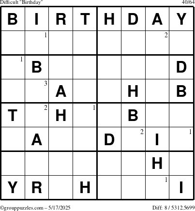 The grouppuzzles.com Difficult Birthday puzzle for Saturday May 17, 2025 with the first 3 steps marked