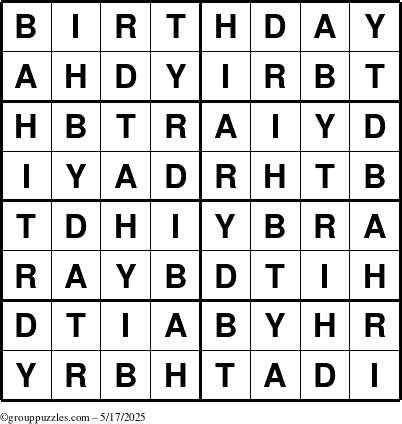 The grouppuzzles.com Answer grid for the Birthday puzzle for Saturday May 17, 2025
