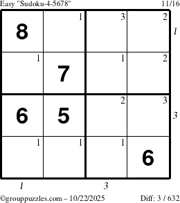 The grouppuzzles.com Easy Sudoku-4-5678 puzzle for Wednesday October 22, 2025 with all 3 steps marked