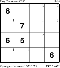 The grouppuzzles.com Easy Sudoku-4-5678 puzzle for Wednesday October 22, 2025 with the first 3 steps marked