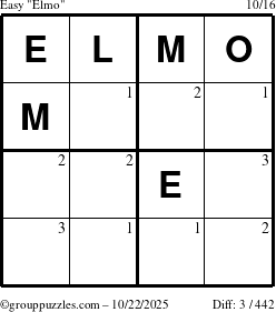 The grouppuzzles.com Easy Elmo puzzle for Wednesday October 22, 2025 with the first 3 steps marked