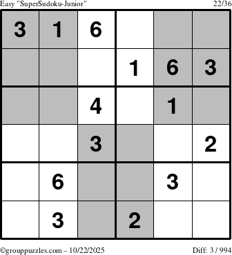 The grouppuzzles.com Easy SuperSudoku-Junior puzzle for Wednesday October 22, 2025