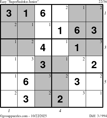 The grouppuzzles.com Easy SuperSudoku-Junior puzzle for Wednesday October 22, 2025 with all 3 steps marked