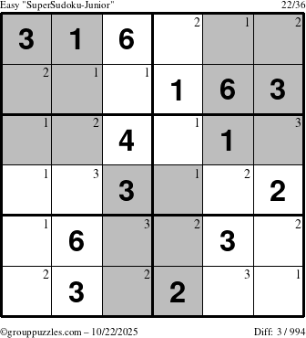 The grouppuzzles.com Easy SuperSudoku-Junior puzzle for Wednesday October 22, 2025 with the first 3 steps marked