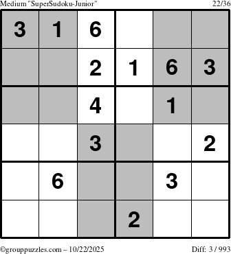 The grouppuzzles.com Medium SuperSudoku-Junior puzzle for Wednesday October 22, 2025