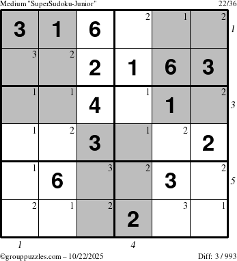 The grouppuzzles.com Medium SuperSudoku-Junior puzzle for Wednesday October 22, 2025 with all 3 steps marked