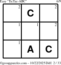 The grouppuzzles.com Easy TicTac-ABC puzzle for Wednesday October 22, 2025 with the first 2 steps marked