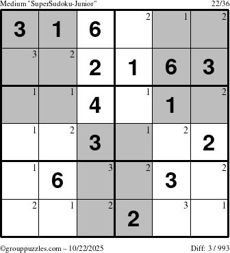 The grouppuzzles.com Medium SuperSudoku-Junior puzzle for Wednesday October 22, 2025 with the first 3 steps marked