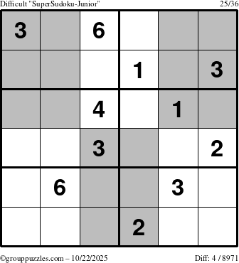 The grouppuzzles.com Difficult SuperSudoku-Junior puzzle for Wednesday October 22, 2025