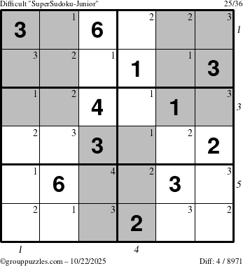The grouppuzzles.com Difficult SuperSudoku-Junior puzzle for Wednesday October 22, 2025 with all 4 steps marked