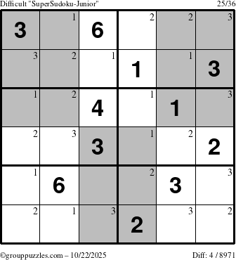 The grouppuzzles.com Difficult SuperSudoku-Junior puzzle for Wednesday October 22, 2025 with the first 3 steps marked