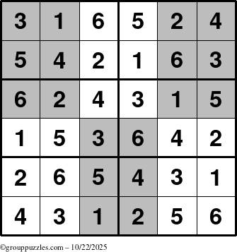 The grouppuzzles.com Answer grid for the SuperSudoku-Junior puzzle for Wednesday October 22, 2025